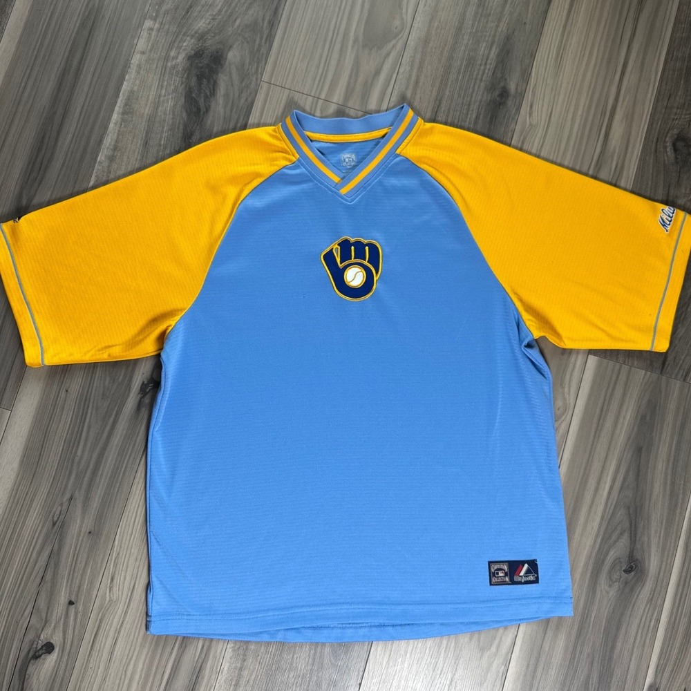Majestic Cooperstown Collection Milwaukee Brewers Jersey Blue Yellow Mens L